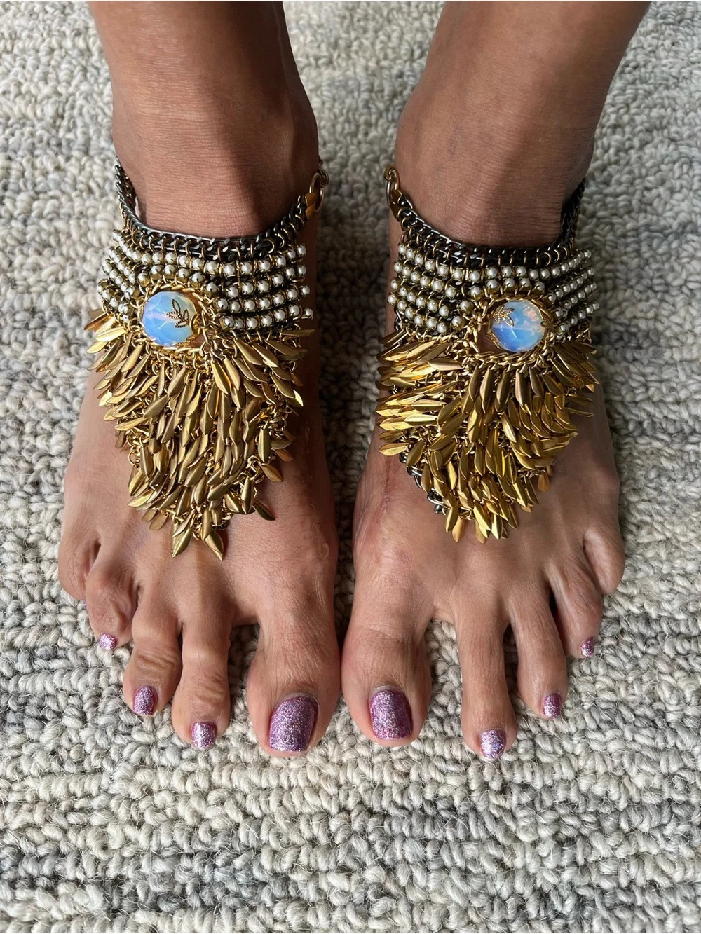 Gold-Tone Beaded Statement Ankle Bracelet Pair with Opalescent Stones